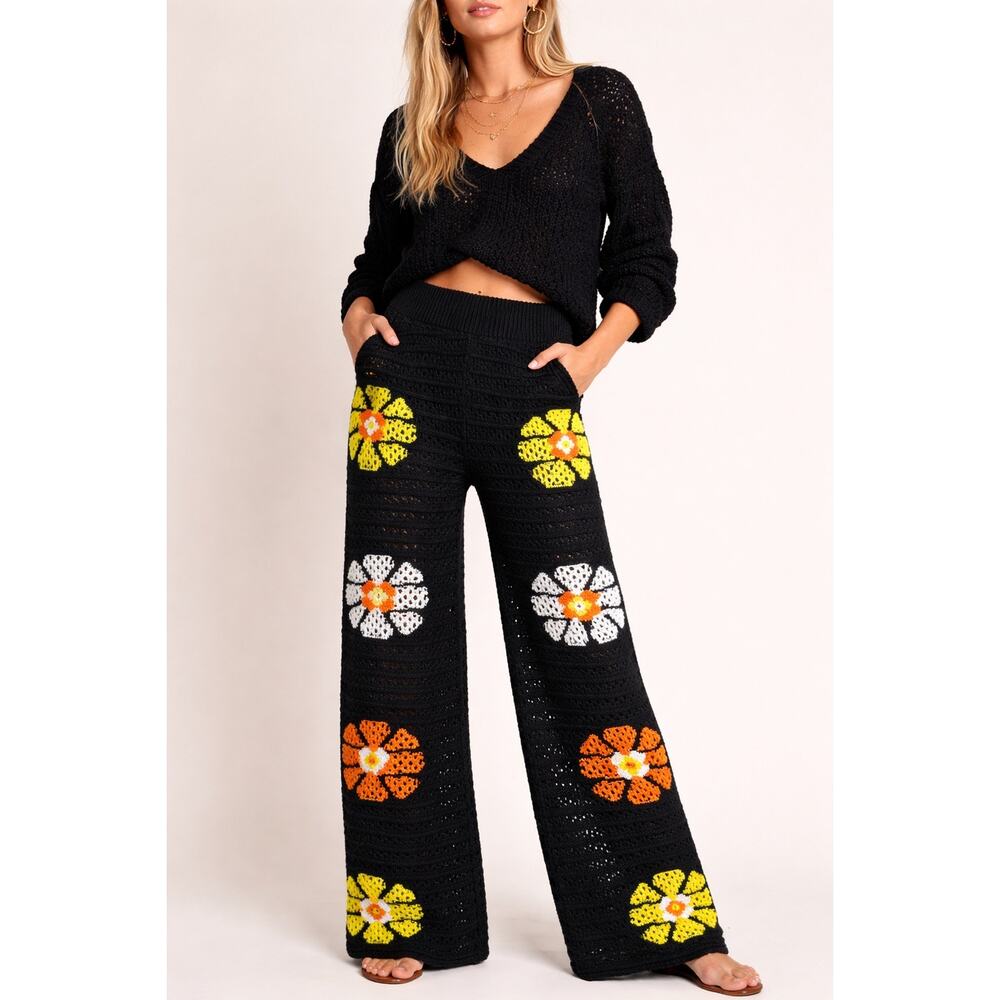 RIZES Black Crochet Wide Leg Pants Floral Knit Boho Festival Resort Size S